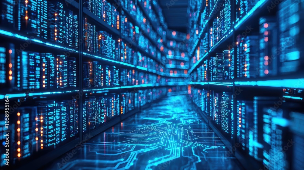 Fototapeta premium Futuristic data center with glowing server racks and illuminated pathways.
