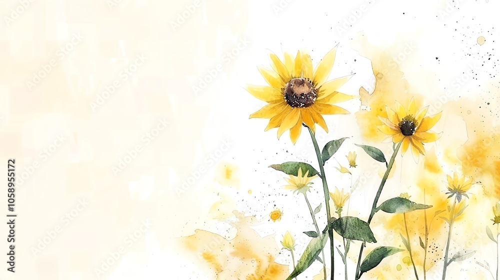 Watercolor painting of yellow sunflowers with leaves and a blurred background of yellow watercolor splatters on a white background. Watercolor painting of yellow sunflowers with leaves and a blurred background of yellow watercolor splatters on a white background.