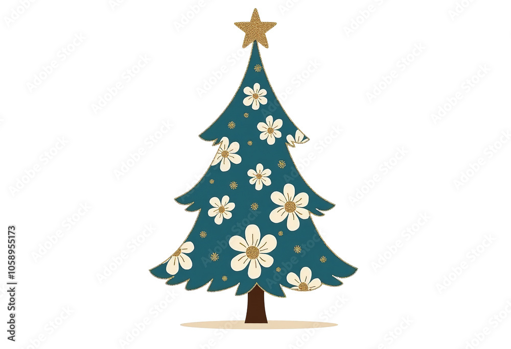 Fototapeta premium Minimalistic Vintage Christmas Tree Clipart with Floral Chinoiserie Style, Brown Trunk, and Gold Glitter Accents for Holiday Cheer 