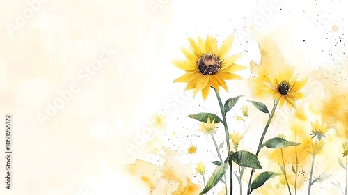 Watercolor painting of yellow sunflowers with leaves and a blurred background of yellow watercolor splatters on a white background.