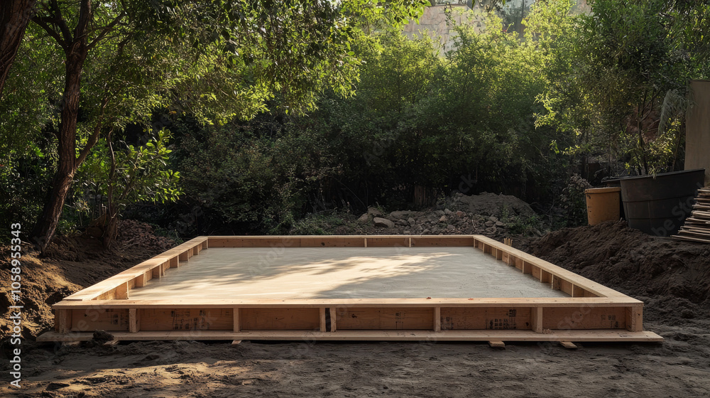 Fototapeta premium wooden formwork set up for a concrete slab foundation, precise alignment of boards around the perimeter, soil surface leveled