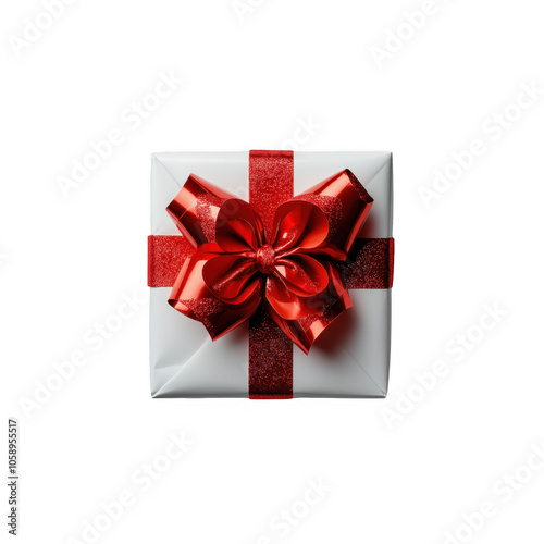 White gift box with red ribbon tied around it. Christmas or birthday element on transparent