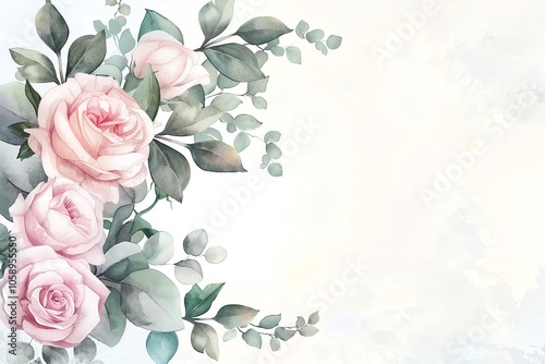 Watercolor pink roses and eucalyptus leaves on a white background with copy space.