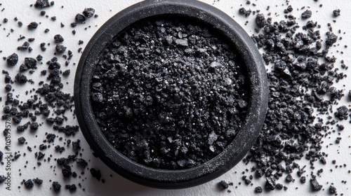 Black Salt in a Bowl on White Background
