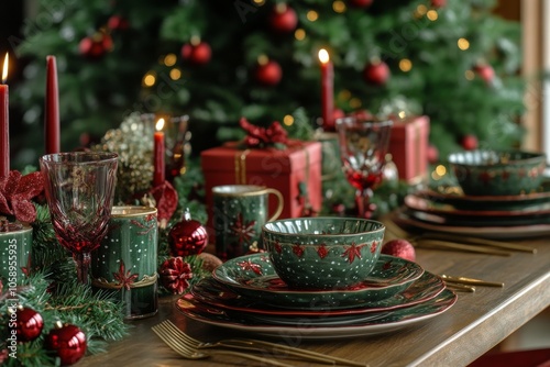 A festive holiday table setting with red and green decorations beside a Christmas tree