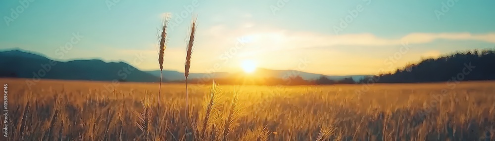 Golden Wheat Field Sunset Landscape with Mountains Golden Wheat Field Sunset Landscape with Mountains