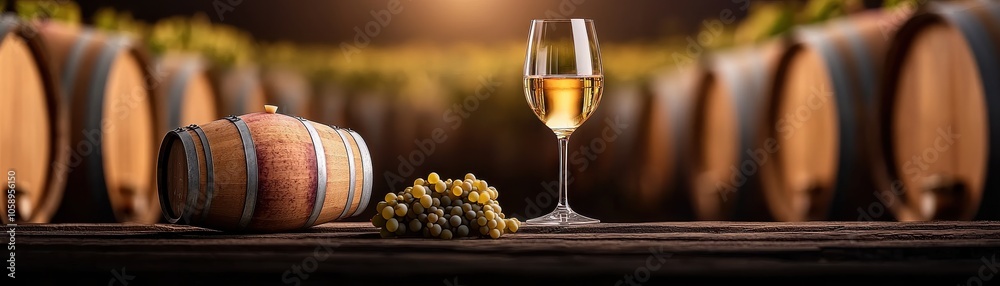 Fototapeta premium A glass of white wine beside a wooden barrel and fresh grapes, set against a backdrop of aging wine barrels illuminated by soft light.