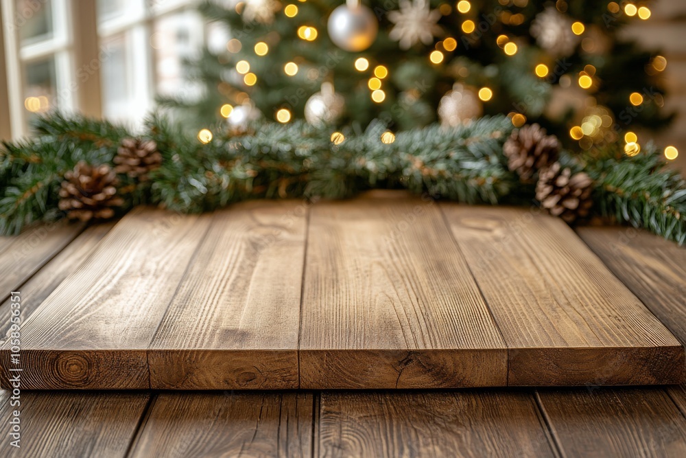 A festive wooden table adorned with holiday decorations and twinkling Christmas lights A festive wooden table adorned with holiday decorations and twinkling Christmas lights