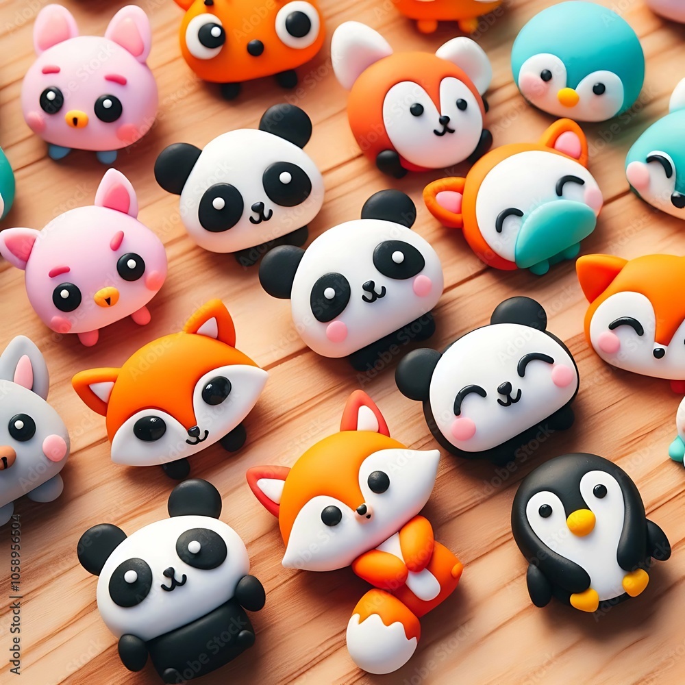 Adorable kawaii animal figurines featuring pandas, foxes, penguins, and more on a wooden background
