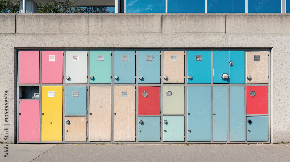 Colorful Lockers Create Pastel Grid Pattern on Urban Building Wall. Colorful Lockers Create Pastel Grid Pattern on Urban Building Wall.