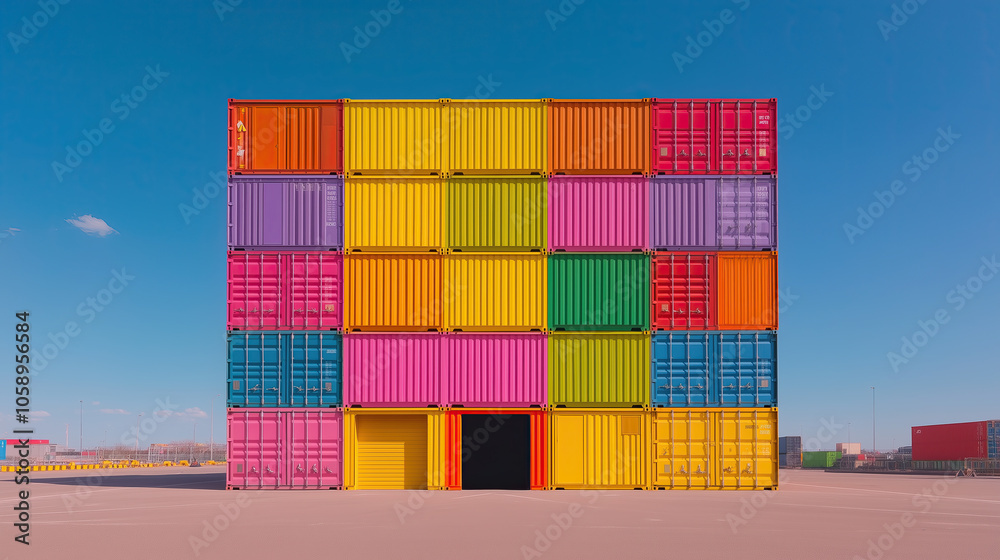 Fototapeta premium Colorful Stacked Shipping Containers Create Vibrant Grid Pattern at Industrial Port.