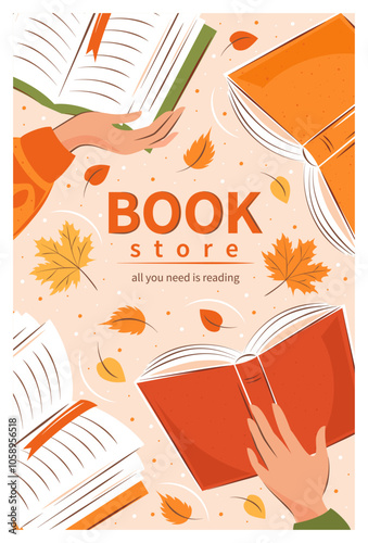 Layout design for bookstore, bookshop or library. Books with autumn bright leaves. Vector illustration for poster, cover, marketing, sale.