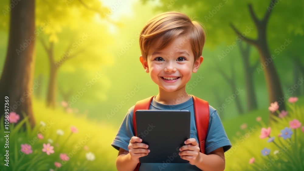 A young vlogger holds a tablet outdoors, smiling brightly in a sunlit forest. His cheerful expression highlights a moment of child vlogging or digital exploration in nature. A young vlogger holds a tablet outdoors, smiling brightly in a sunlit forest. His cheerful expression highlights a moment of child vlogging or digital exploration in nature.