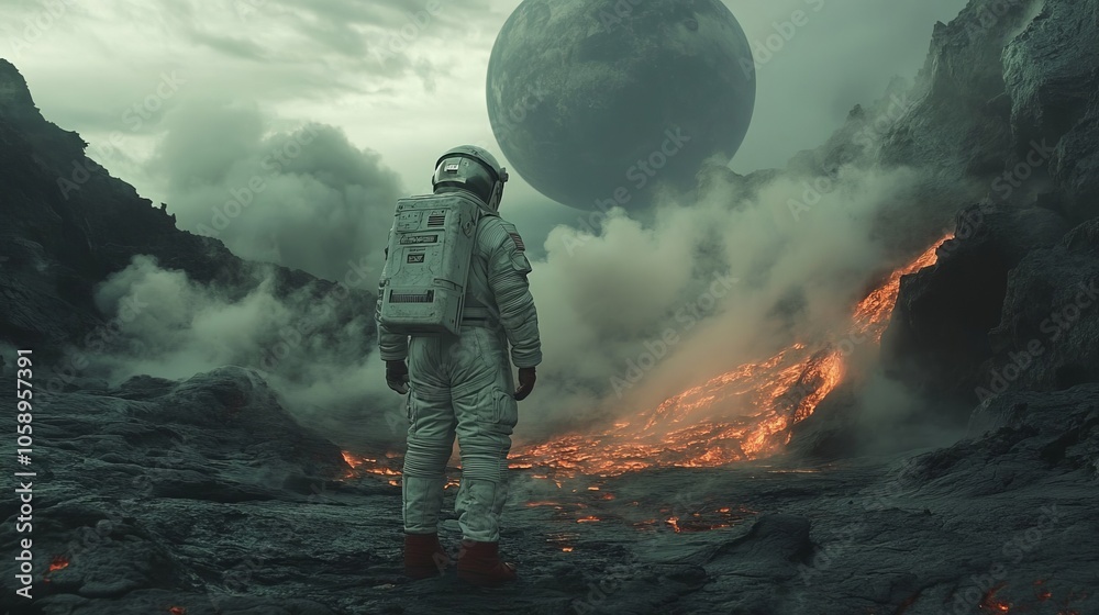 Obraz premium Astronaut on a Volcanic Alien Planet