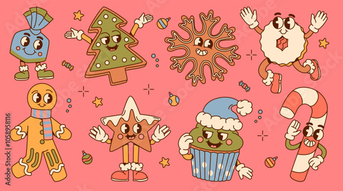 Groovy Christmas Cookies and Candy Characters Illustration