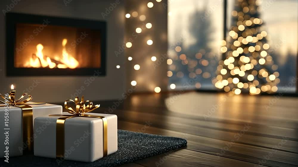 A cozy holiday scene with elegantly wrapped white and gold Christmas gifts, surrounded by soft bokeh lights and a glowing fireplace, with a gently blurred window enhancing the magi A cozy holiday scene with elegantly wrapped white and gold Christmas gifts, surrounded by soft bokeh lights and a glowing fireplace, with a gently blurred window enhancing the magi