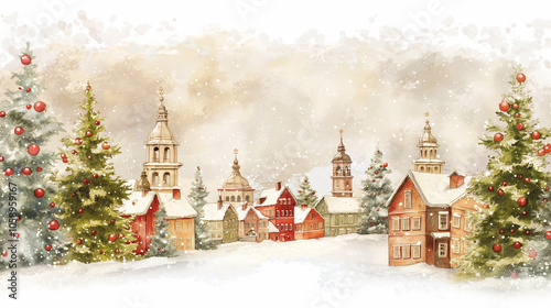 Postcard and Illustration: Quaint Snow-Covered Village Under A Gentle Winter Sky With Towering Christmas Trees And Classic European Architecture, Dusted In Fresh Snow, Amid Softly Falling Flurries