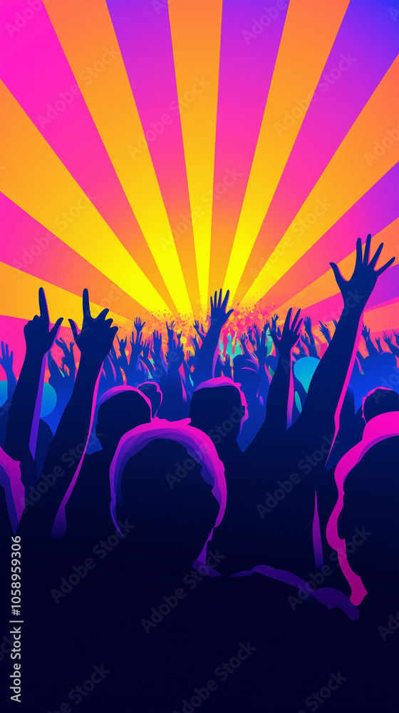 illustration of vibrant crowd is silhouetted against an explosion of colorful rays illustration of vibrant crowd is silhouetted against an explosion of colorful rays