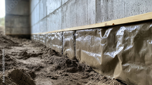  foundation wall with thick insulation covering, protective panels fitted securely to prevent freezing, soil leveled around photo