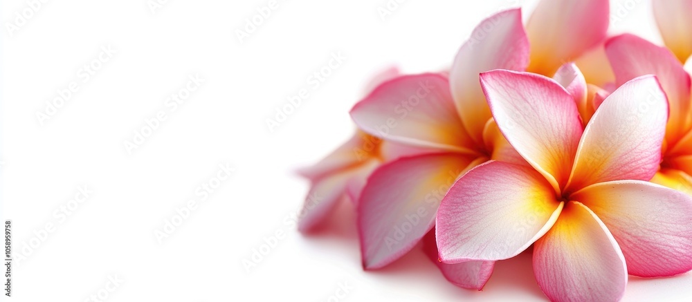 Fototapeta premium Plumeria Frangipani Temple Tree Close Up Beautiful Pink Yellow Plumeria Flowers Bouquet Isolated On White Background Close Up Tropical Flower