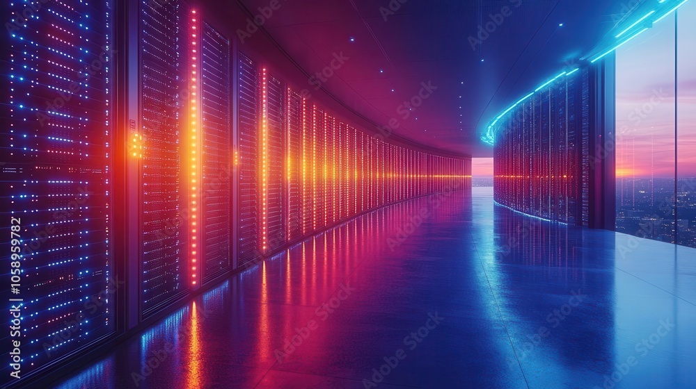 spacious modern server room filled with large, high-tech servers, illuminated by soft blue led lights, emphasizing the complexity of data storage and cloud technology in a sleek environment spacious modern server room filled with large, high-tech servers, illuminated by soft blue led lights, emphasizing the complexity of data storage and cloud technology in a sleek environment