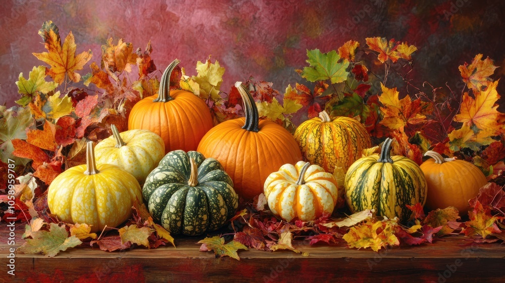 A vibrant arrangement of pumpkins and gourds on a rustic wooden table complemented by colorful autumn foliage