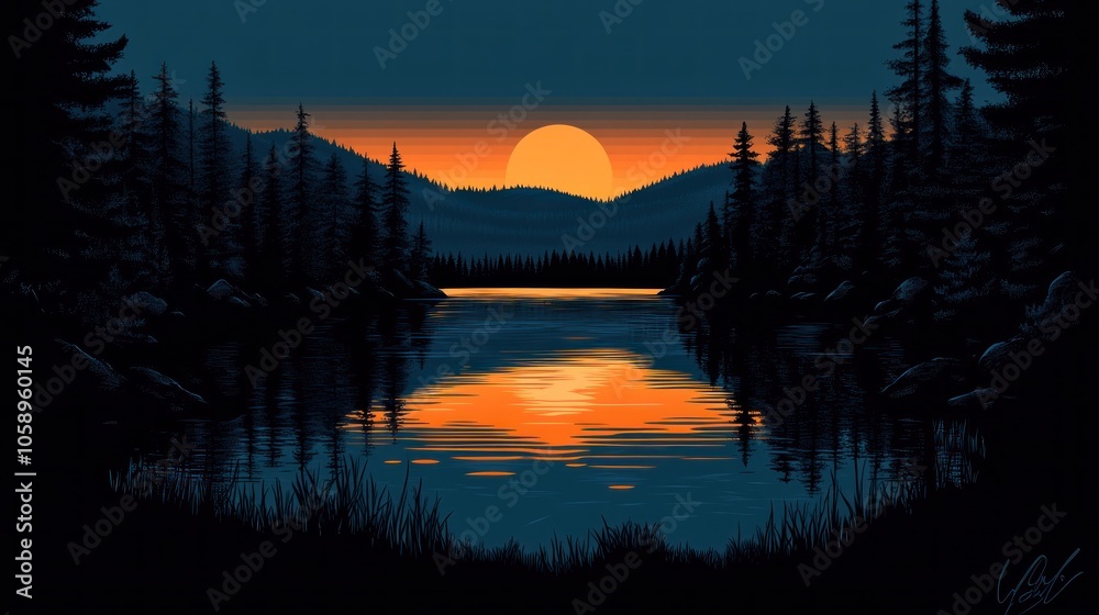 Fototapeta premium Sunset Over a Tranquil Lake