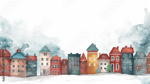 Snow-Covered Village Houses With Colorful Facades And Frosty Winter Background: A Charming Illustration Of Cozy Buildings In A Serene Christmas Season, Capturing The Spirit Of A Peaceful Winter Wonder