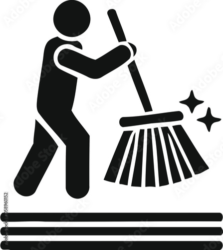 Silhouette of person sweeping floor, cleaning and maintenance icon, housekeeping and hygiene illustration
