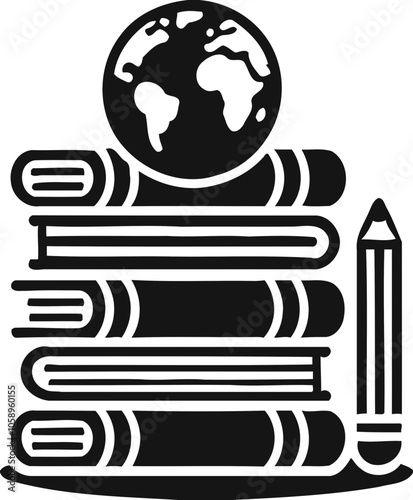Silhouette of books with globe and pencil, education and global learning icon, knowledge and study illustration
