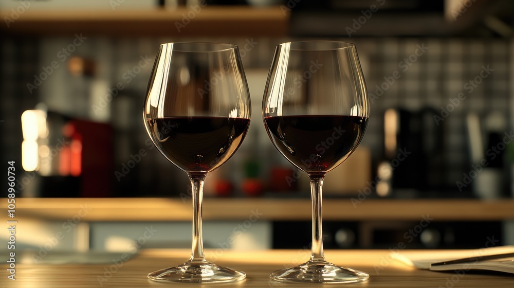 Two glasses filled with red wine placed on a kitchen table Two glasses filled with red wine placed on a kitchen table