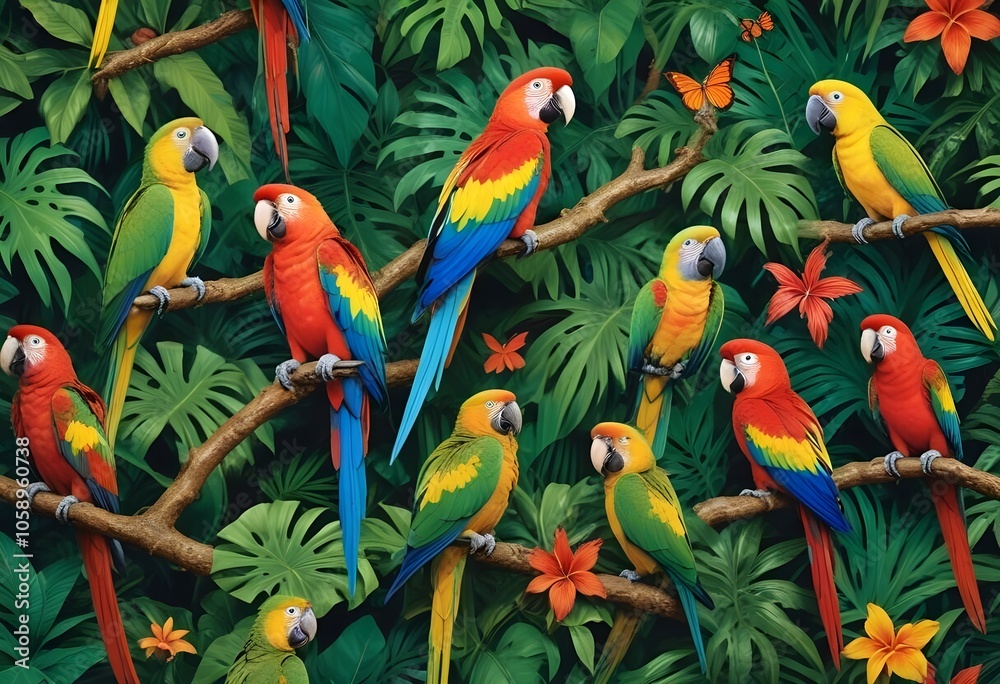 Tropical exotic pattern with animal and flowers in bright colors and lush vegetationn Tropical exotic pattern with animal and flowers in bright colors and lush vegetationn