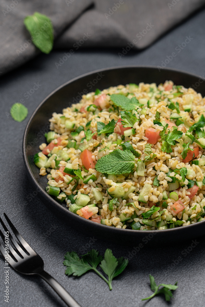 Bulgur tabbouleh salad with parsley, mint, cucumber, tomato in a black bowl on a dark background with copy space Bulgur tabbouleh salad with parsley, mint, cucumber, tomato in a black bowl on a dark background with copy space
