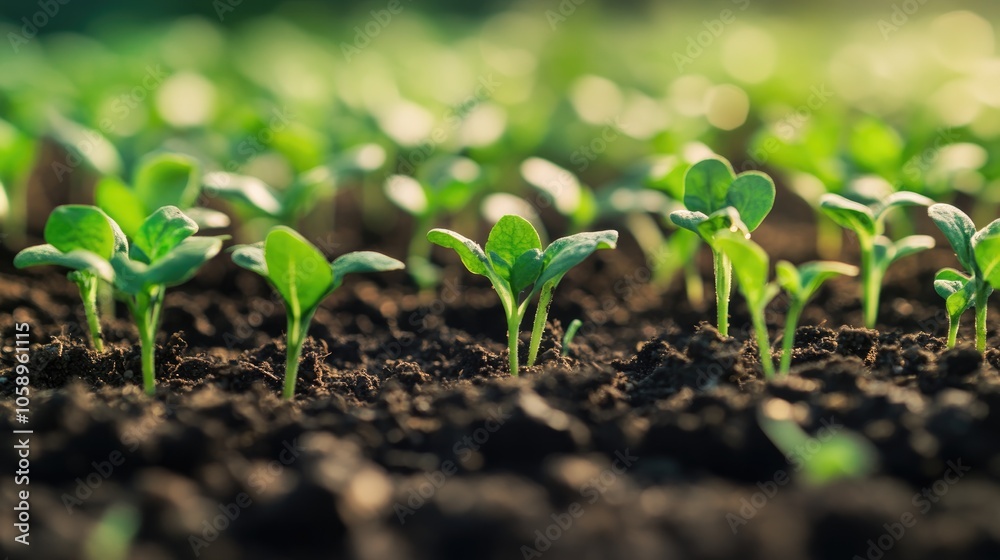 Close up of young green seedlings emerging from the soil representing agricultural growth and the essence of spring Close up of young green seedlings emerging from the soil representing agricultural growth and the essence of spring
