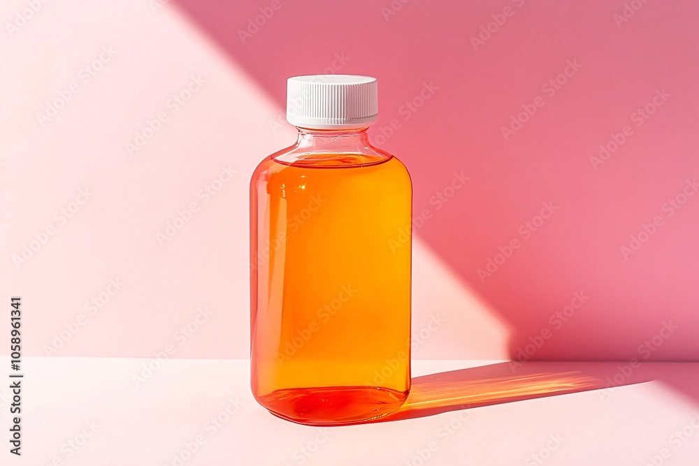 Orange Liquid in Glass Bottle with White Cap on Pink Background Orange Liquid in Glass Bottle with White Cap on Pink Background