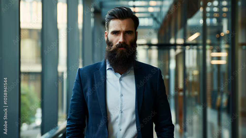 Stylish Bearded Man in a Suit Standing in a Modern Office Stylish Bearded Man in a Suit Standing in a Modern Office