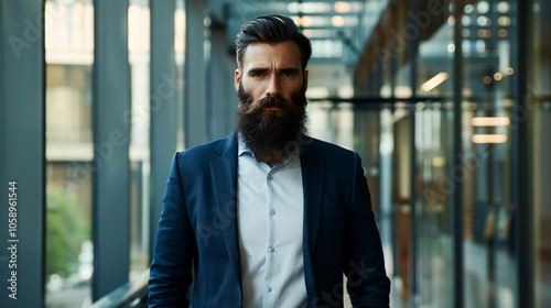 Stylish Bearded Man in a Suit Standing in a Modern Office