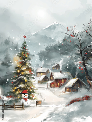 Snow-Covered Village Houses With Colorful Facades And Frosty Winter Background: A Charming Illustration Of Cozy Buildings In A Serene Christmas Season, Capturing The Spirit Of A Peaceful Winter Wonder