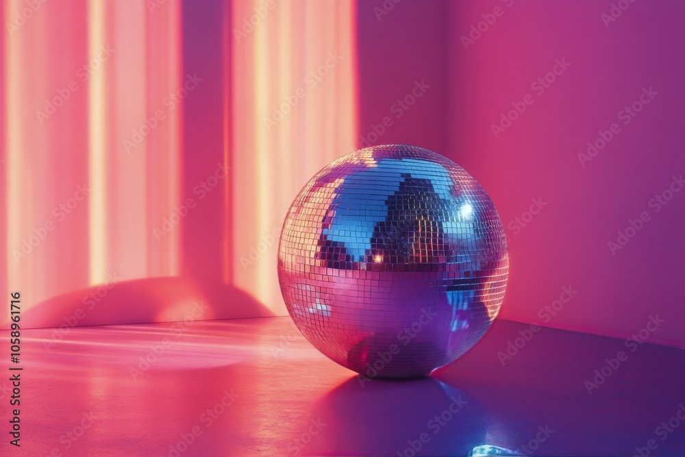 A disco ball reflects light in a creative environment featuring bold pink and purple hues A disco ball reflects light in a creative environment featuring bold pink and purple hues