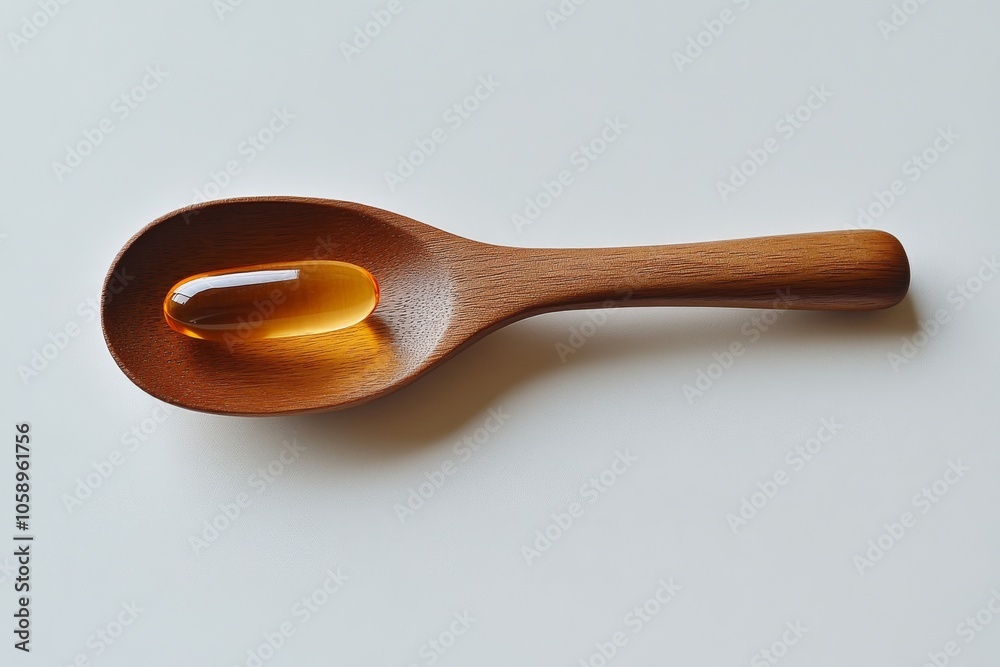 Wooden spoon holding a small amount of golden liquid on a light background in a kitchen setting Wooden spoon holding a small amount of golden liquid on a light background in a kitchen setting