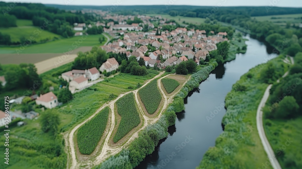 Aerial View of River Winding Through Lush Green Farmland and Village Aerial View of River Winding Through Lush Green Farmland and Village