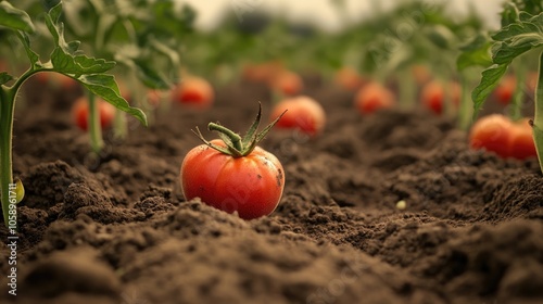 Close up view of fresh ripe tomatoes developing in the earth photo