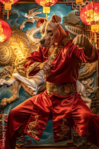 A dog wearing a traditional Chinese red costume and a dragon backdrop poses in a fighting stance.