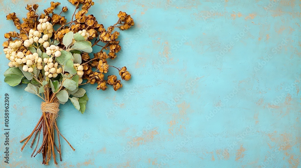Dried Flowers Bouquet on Blue Background with Copy Space Dried Flowers Bouquet on Blue Background with Copy Space