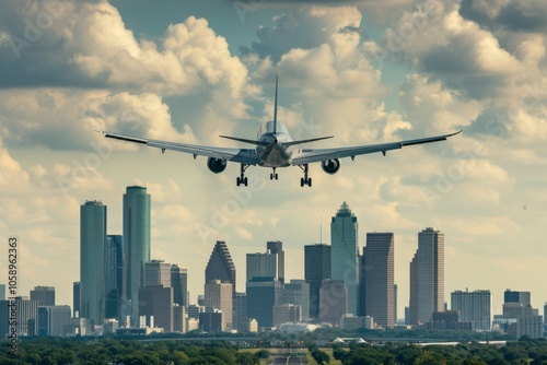 Airplane Landing Over Houston Skyline