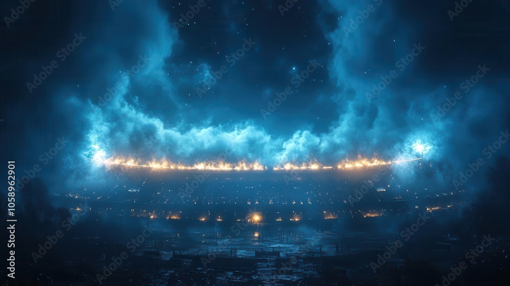 stadium arena illuminated by bright lights, enveloped in swirling smoke against the backdrop of a starry night, creating an electric atmosphere stadium arena illuminated by bright lights, enveloped in swirling smoke against the backdrop of a starry night, creating an electric atmosphere