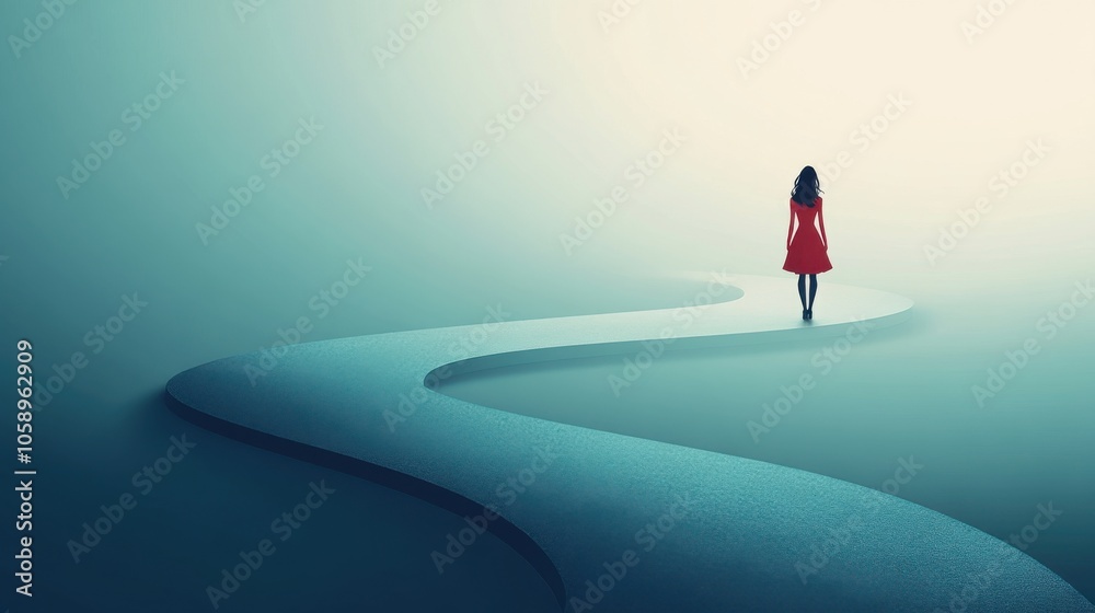 Woman in Red Dress Standing on a Path in Fog - Abstract Surrealism Art Woman in Red Dress Standing on a Path in Fog - Abstract Surrealism Art