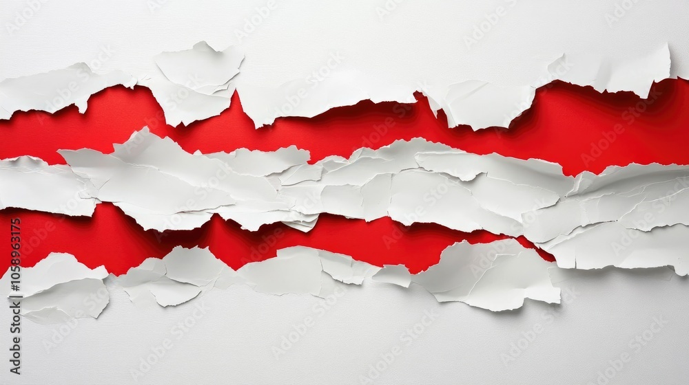 Torn red and white paper creating an abstract visual representation Torn red and white paper creating an abstract visual representation