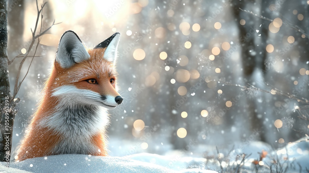 Obraz premium Red fox in a snowy winter forest with bokeh light and ample copy space 3D illustration for a seasonal greeting card