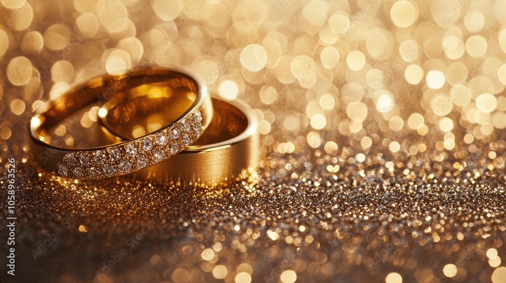 Elegant gold wedding rings displayed on a sparkling background featuring ample space for text Elegant gold wedding rings displayed on a sparkling background featuring ample space for text